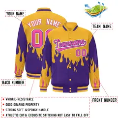 Gold Purple-Pink Flame Graffiti Bomber Varsity Full-Snap Jacket 2