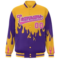 Gold Purple-Pink Flame Graffiti Bomber Varsity Full-Snap Jacket 3