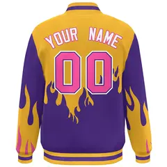 Gold Purple-Pink Flame Graffiti Bomber Varsity Full-Snap Jacket 4