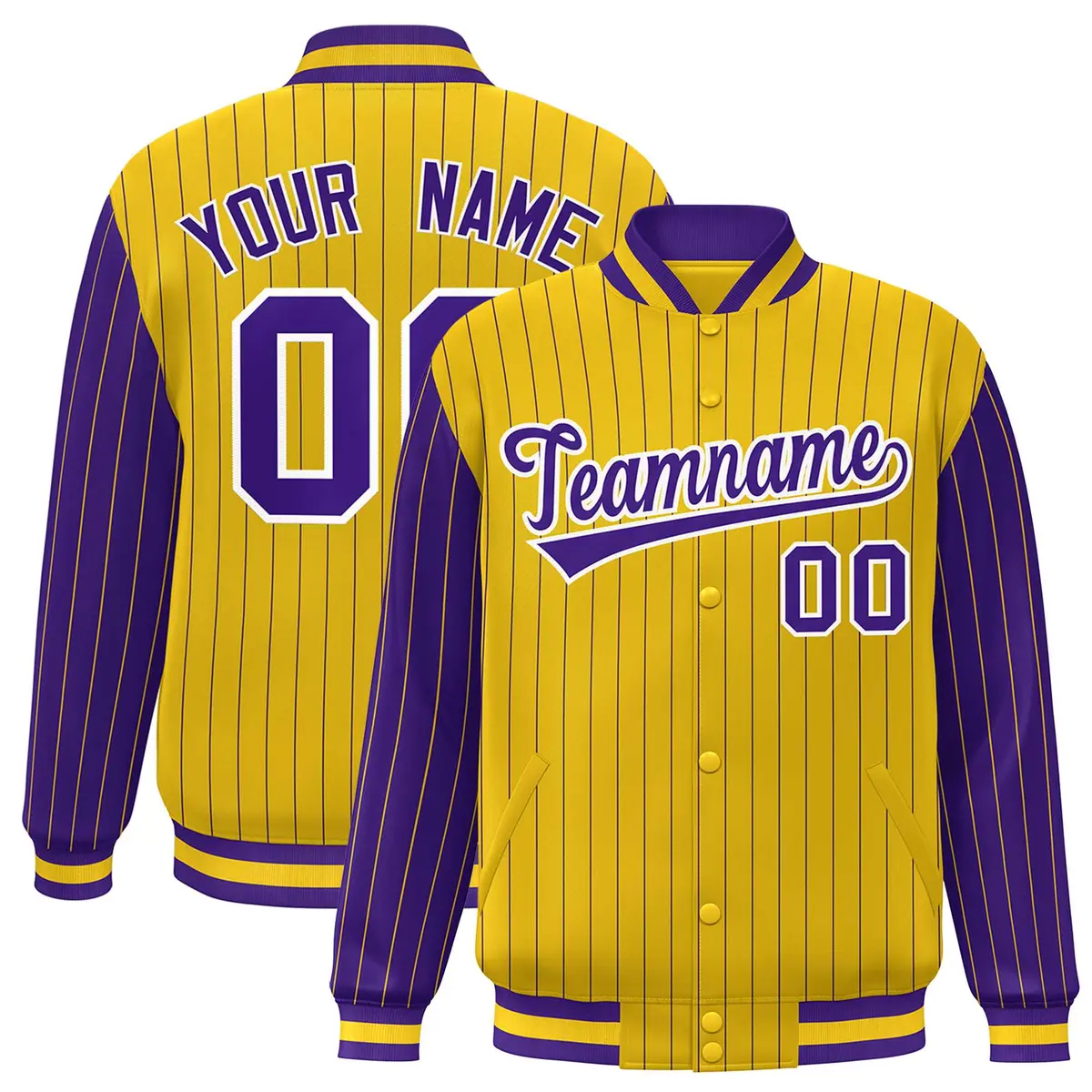 Gold Purple Pinstripe Raglan Varsity Letterman Jacket