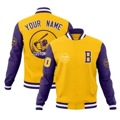 Gold Purple Raglan Sleeves Full-Snap Varsity Letterman Jacket 1