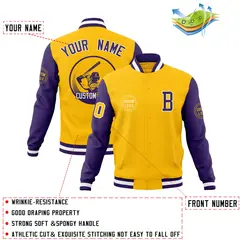 Gold Purple Raglan Sleeves Full-Snap Varsity Letterman Jacket 4