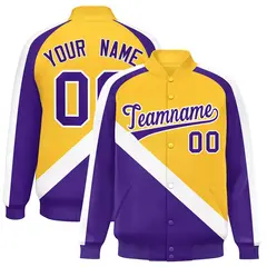 Gold Purple Raglan Sleeves Varsity Full-Snap Letterman Jacket