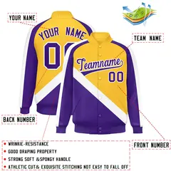 Gold Purple Raglan Sleeves Varsity Full-Snap Letterman Jacket 2