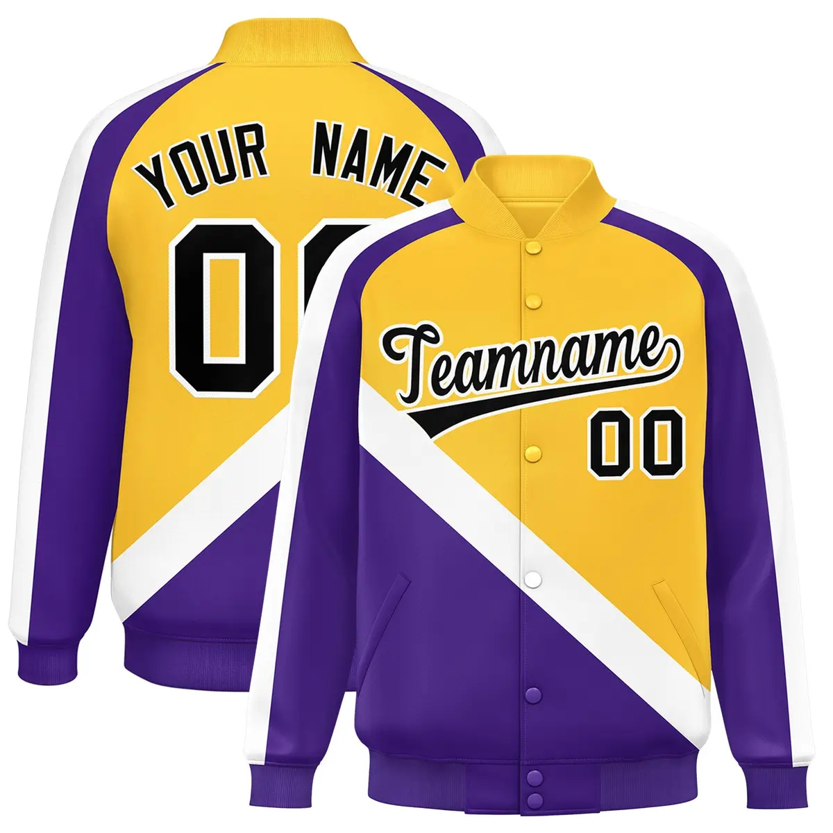 Gold Purple Raglan Sleeves Varsity Full-Snap Letterman Jacket