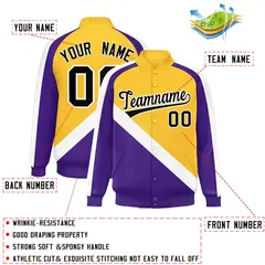 Gold Purple Raglan Sleeves Varsity Full-Snap Letterman Jacket 2