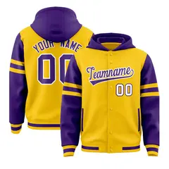 Gold Purple Raglan Three Stripes Varsity Full-Snap Letterman Jacket Hoodie 1