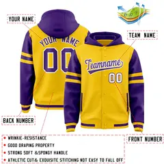 Gold Purple Raglan Three Stripes Varsity Full-Snap Letterman Jacket Hoodie 4