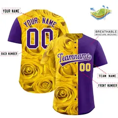Gold Purple Rose Print Split Baseball Jersey 2