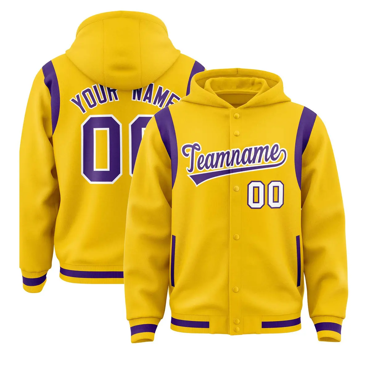 Gold Purple Shoulder Color Block Varsity Letterman Jacket Hoodie