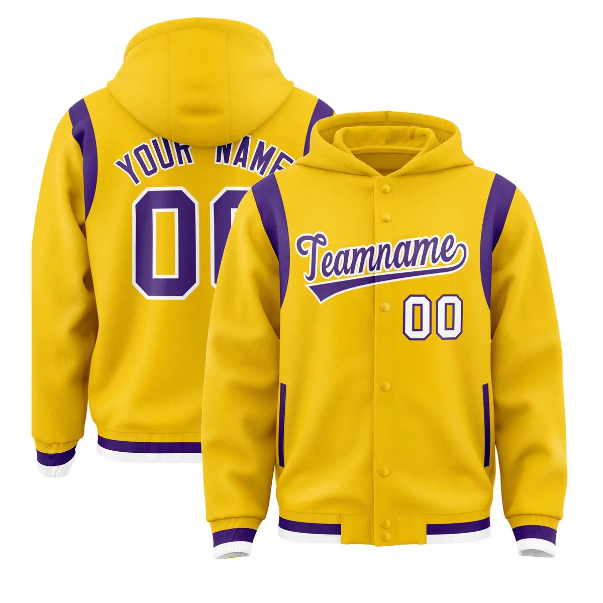 Gold Purple Shoulder Color Block Varsity Letterman Jacket Hoodie