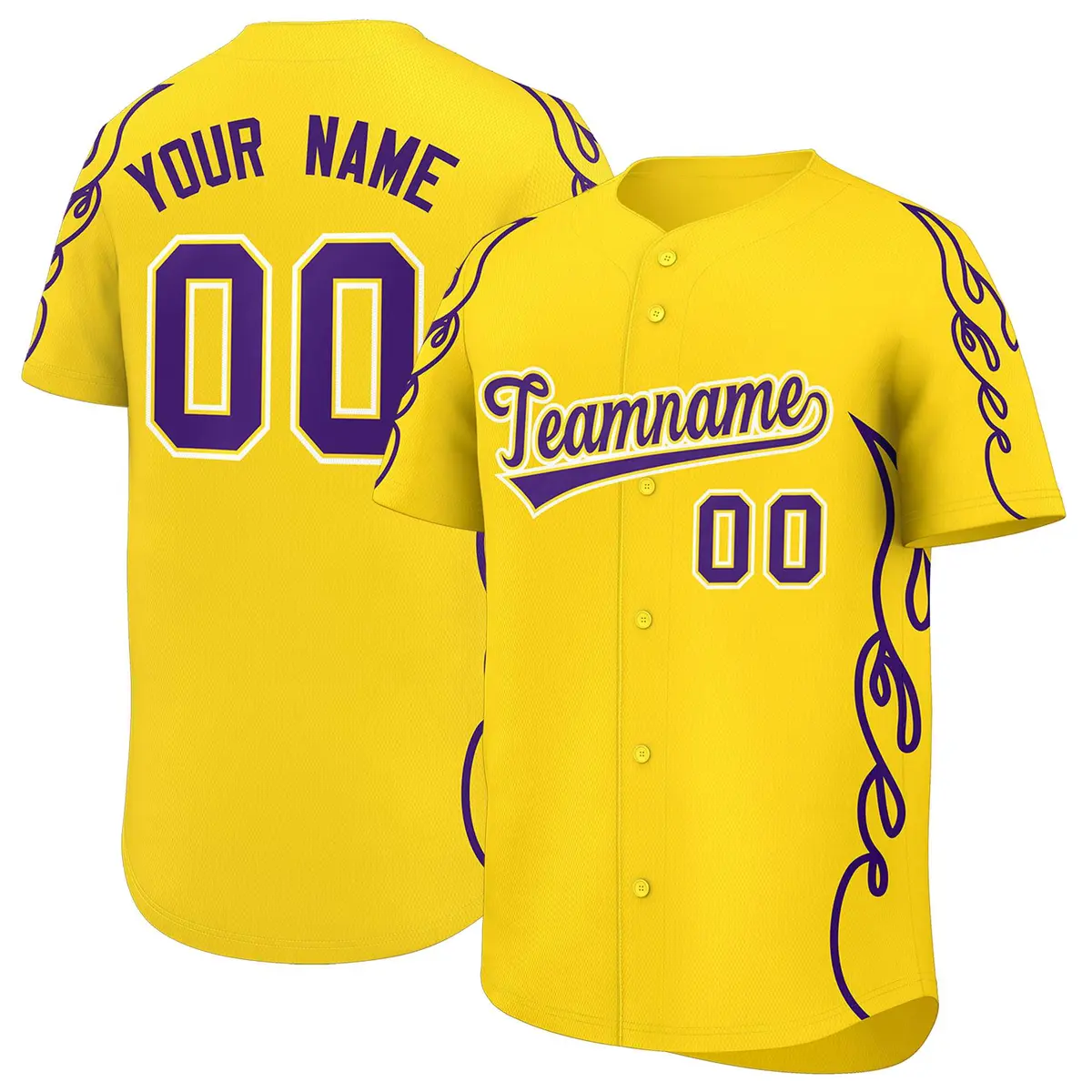 Gold Purple Side Flame Outline Baseball Jersey