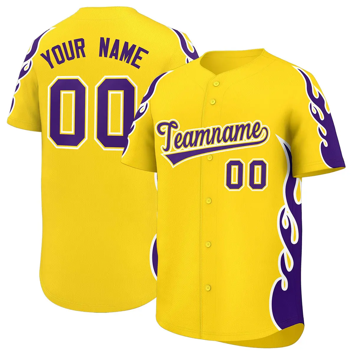 Gold Purple Side Flame Outline Baseball Jersey
