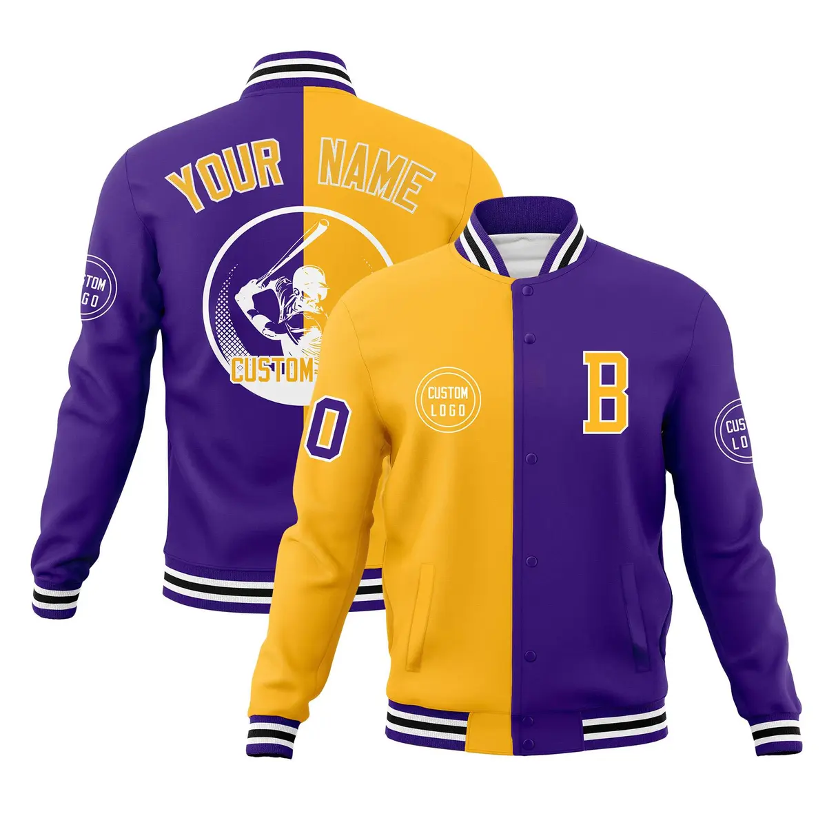 Gold Purple Split Varsity Full-Snap Letterman Baseball Jacket