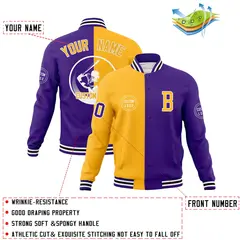 Gold Purple Split Varsity Full-Snap Letterman Baseball Jacket 4