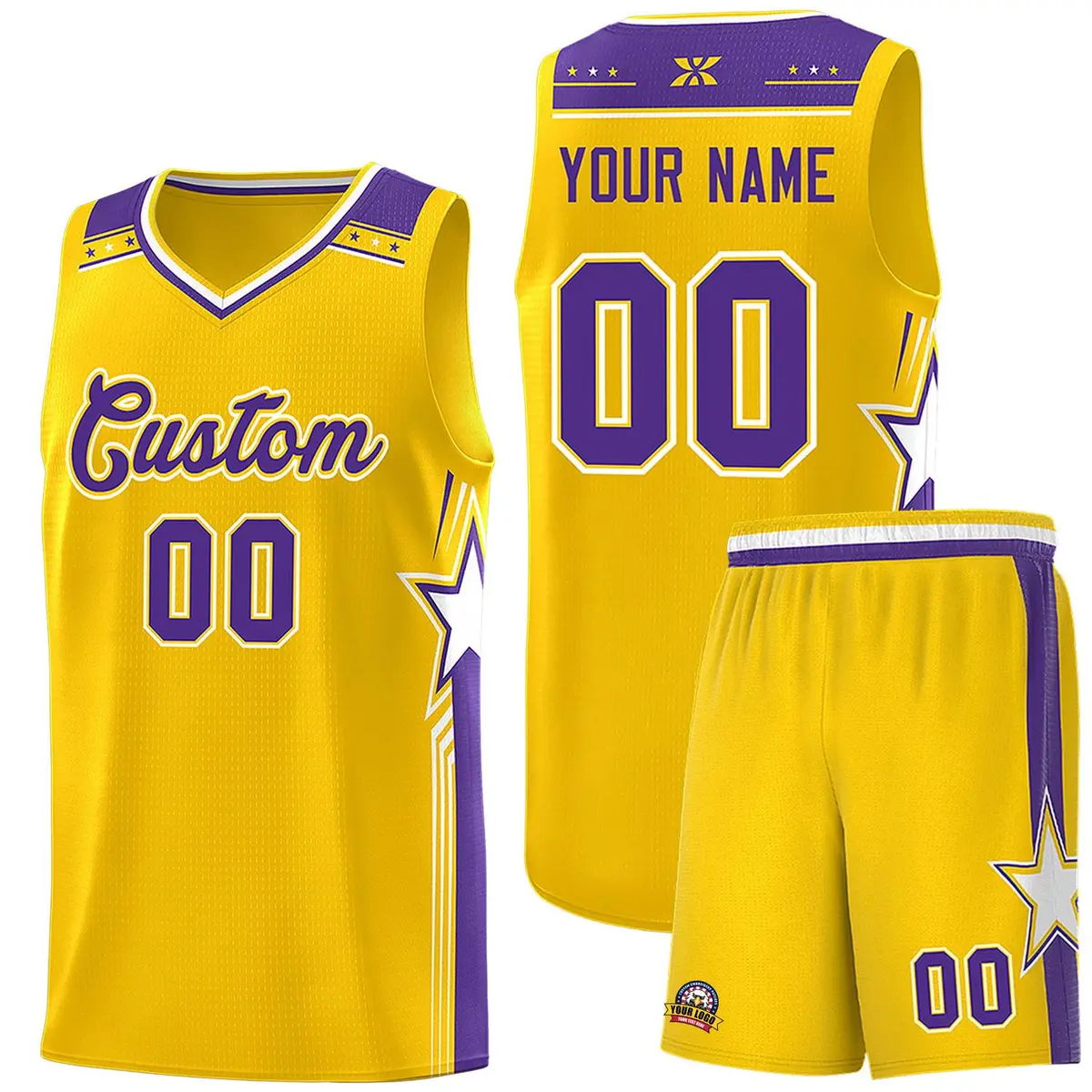 Gold Purple Star Graffiti Basketball Jersey