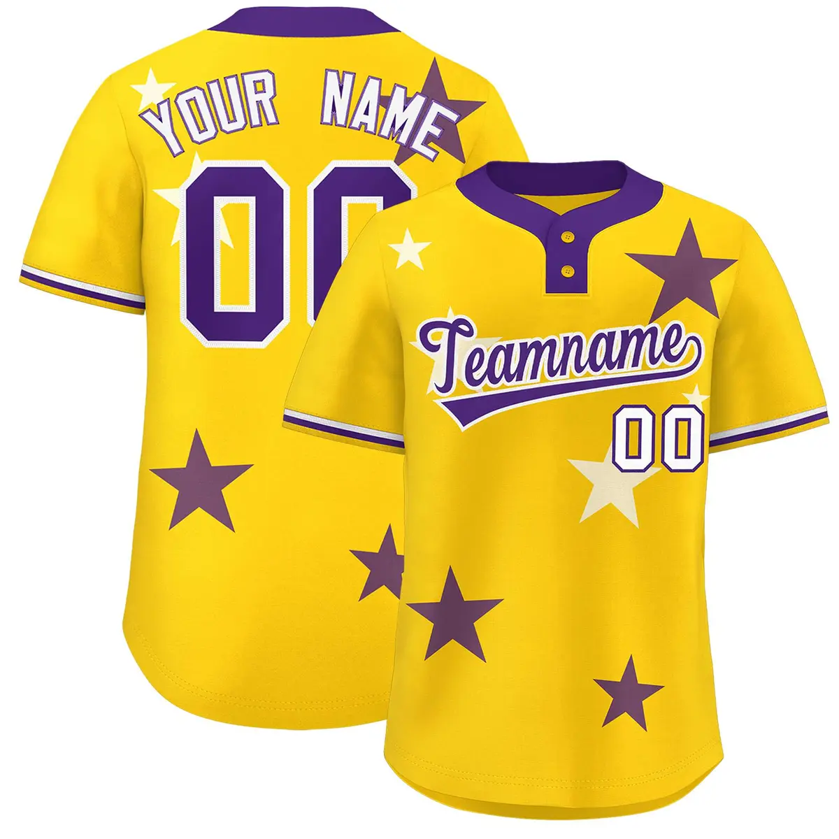Gold Purple Star Graffiti Two-Button Baseball Jersey