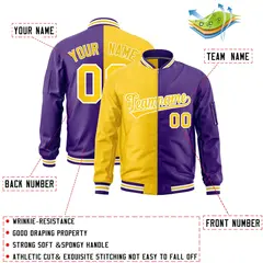 Gold Purple Two Tone Full-Zip Varsity Letterman Bomber Jacket 2