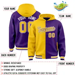 Gold Purple Two Tone Split Full-Snap Varsity Letterman Hoodie Jacket 4