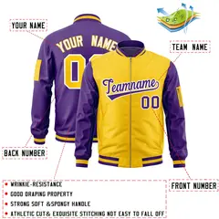 Gold Purple Two-Tone Varsity Letterman Bomber Jacket 2