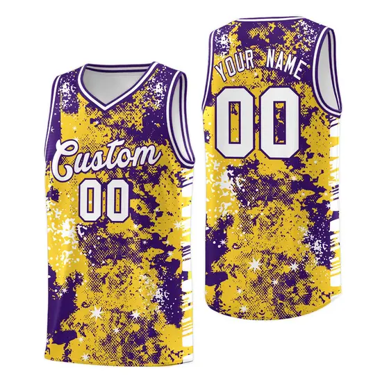 Gold Purple Vice Burst Graffiti Drapable Basketball Jersey
