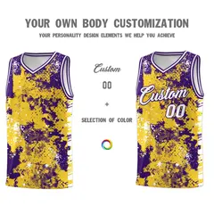 Gold Purple Vice Burst Graffiti Drapable Basketball Jersey 3