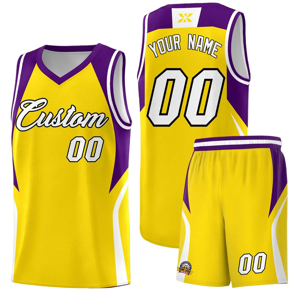 Gold Purple White Color Block Basketball Jersey