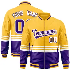 Gold Purple-White Color Block Full-Zip Letterman Bomber Jacket