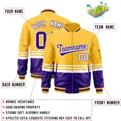 Gold Purple-White Color Block Full-Zip Letterman Bomber Jacket 2