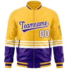 Gold Purple-White Color Block Full-Zip Letterman Bomber Jacket 3