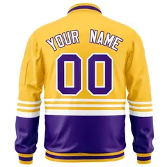 Gold Purple-White Color Block Full-Zip Letterman Bomber Jacket 4
