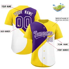Gold Purple-White Color Block Half Heart Baseball Jersey 2