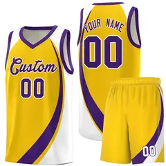 Gold Purple-White Color Block Sports Basketball Jersey