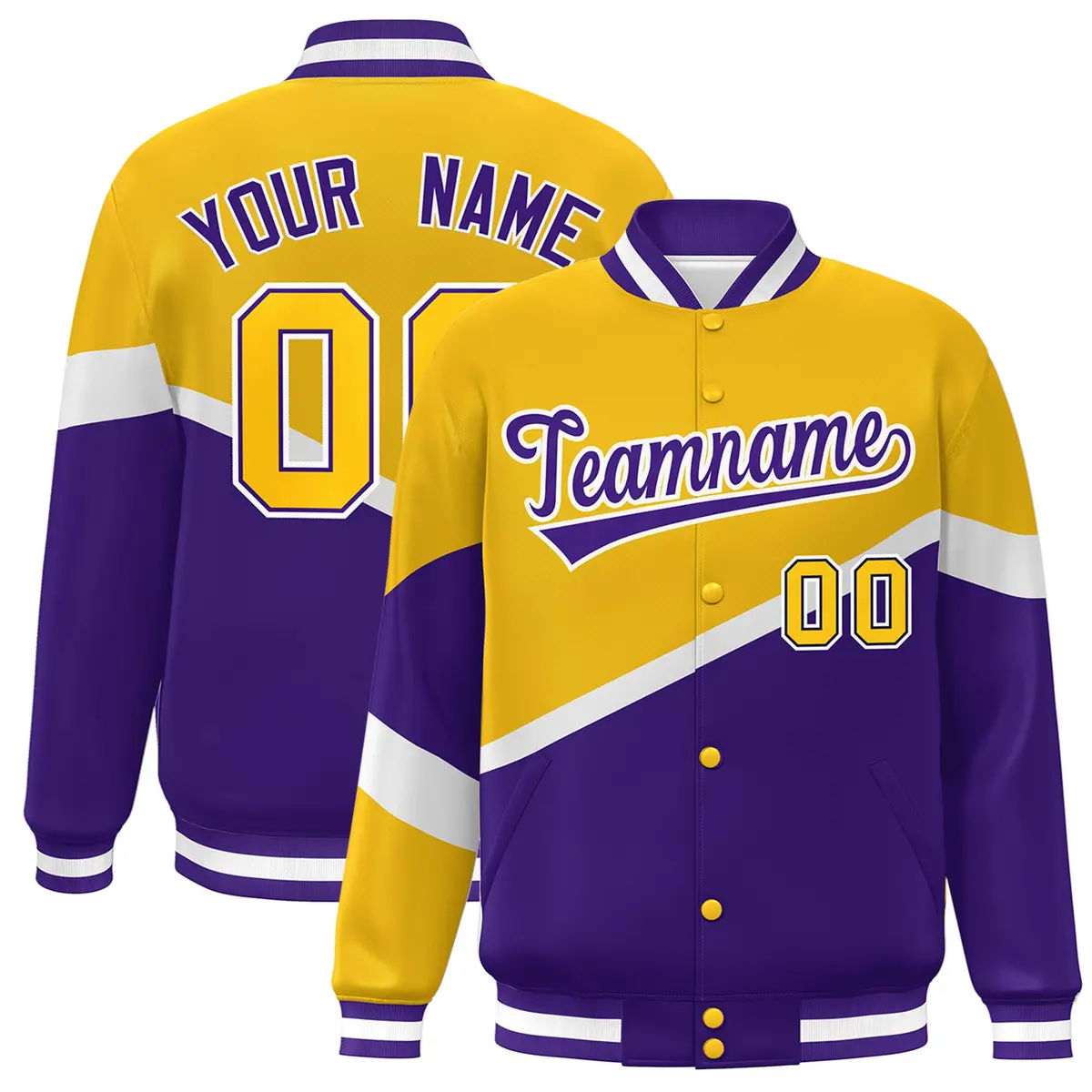 Gold Purple-White Color Block Varsity Bomber Baseball Jacket