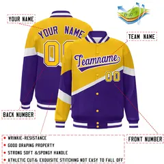 Gold Purple-White Color Block Varsity Bomber Baseball Jacket 2