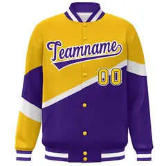 Gold Purple-White Color Block Varsity Bomber Baseball Jacket 3