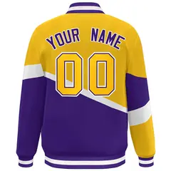 Gold Purple-White Color Block Varsity Bomber Baseball Jacket 4