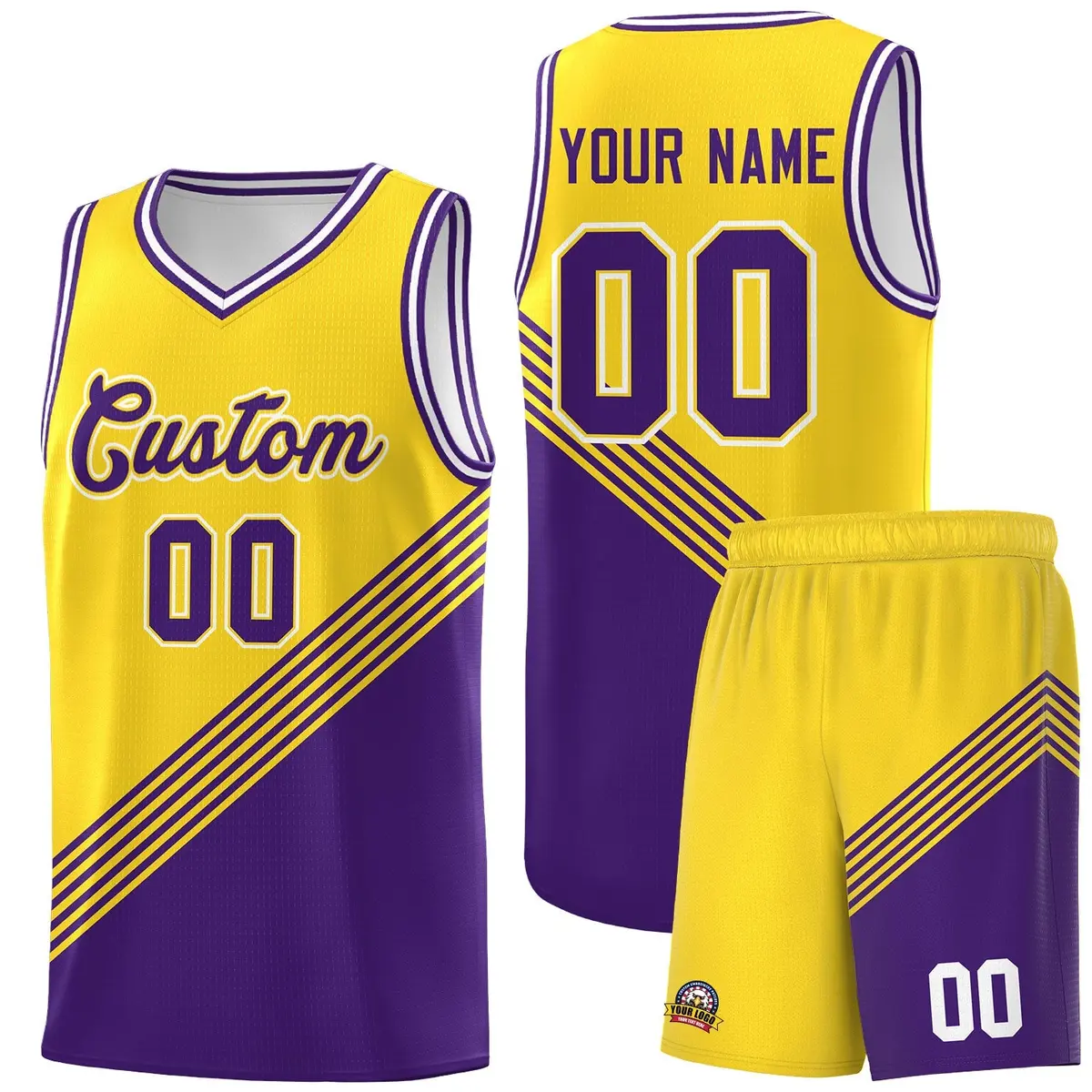 Gold Purple White Diagonal Stripe Color Block Basketball Jersey