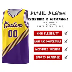 Gold Purple White Diagonal Stripe Color Block Basketball Jersey 2