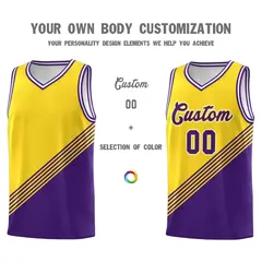Gold Purple White Diagonal Stripe Color Block Basketball Jersey 3