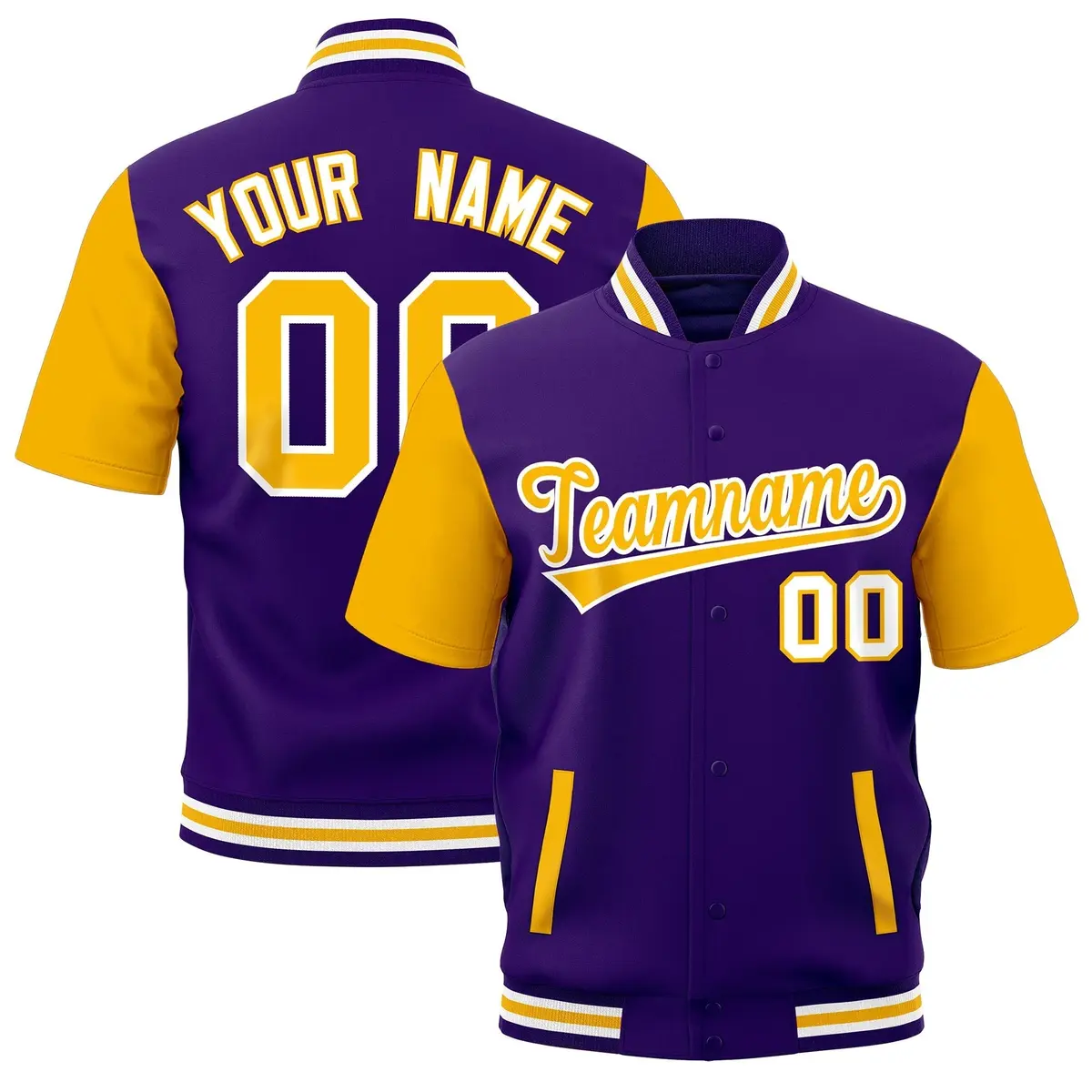 Gold Purple White Full-Snap Short Sleeve Varsity Jacket