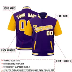 Gold Purple White Full-Snap Short Sleeve Varsity Jacket 2