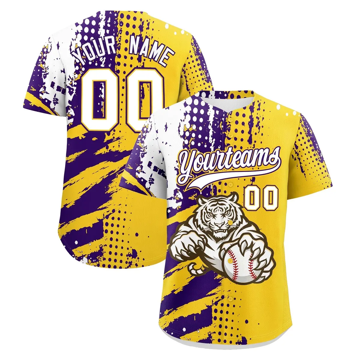 Gold Purple White Full-Snap Tiger Graffiti Baseball Jersey