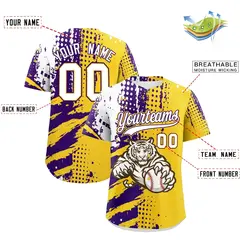 Gold Purple White Full-Snap Tiger Graffiti Baseball Jersey 2