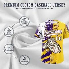 Gold Purple White Full-Snap Tiger Graffiti Baseball Jersey 3