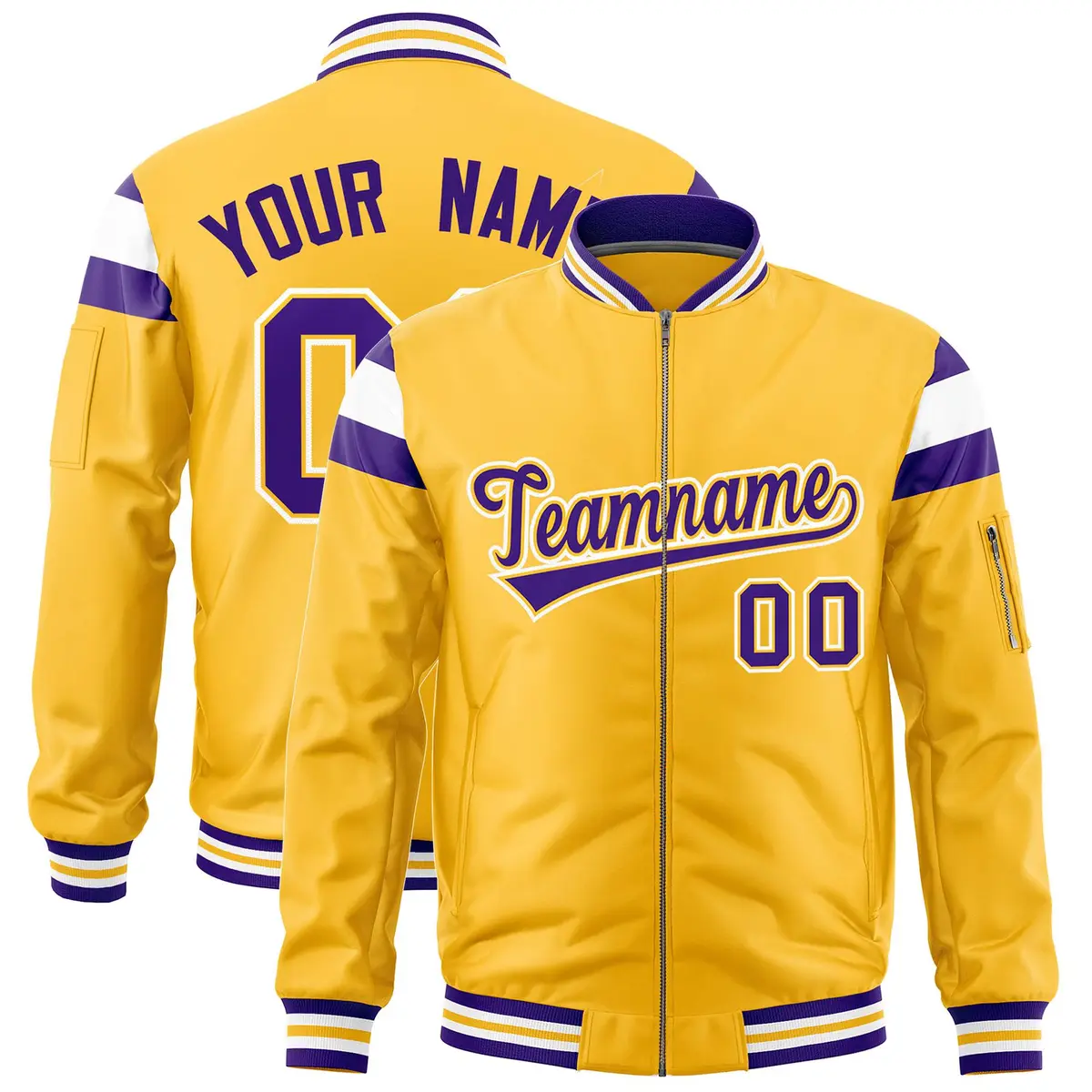 Gold Purple White Full-Zip Shoulder Block Varsity Letterman Bomber Jacket