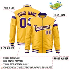 Gold Purple White Full-Zip Shoulder Block Varsity Letterman Bomber Jacket 2