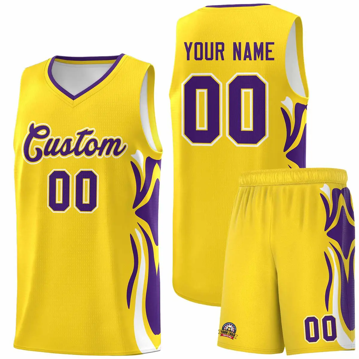 Gold Purple White Graffiti Side Curve Basketball Jersey Sets