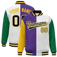 Gold Purple White-Kelly Green Color Block Varsity Bomber Jacket