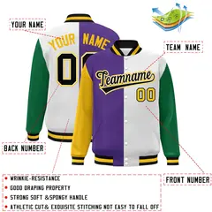 Gold Purple White-Kelly Green Color Block Varsity Bomber Jacket 2